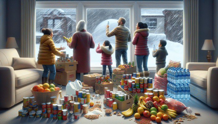 Family preparing for blizzard with non-perishable foods and water, snow visible outside.