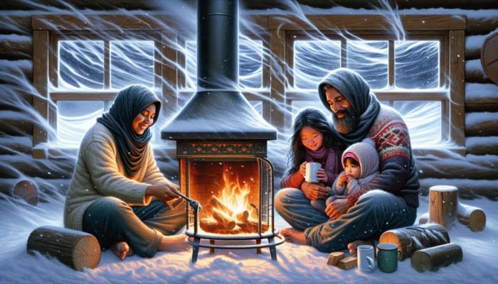 Family staying safe and warm by fireplace in cabin during blizzard.