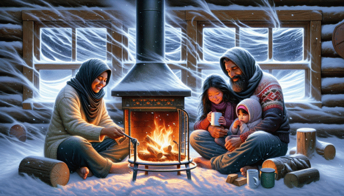 Family staying safe and warm by fireplace in cabin during blizzard.