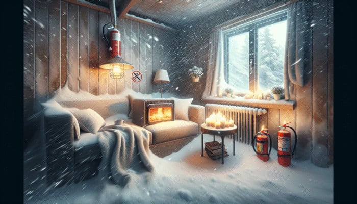 A cozy living room with a safely placed space heater, fire extinguisher, and stable candles during a blizzard.