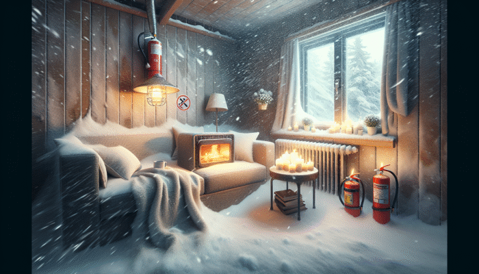A cozy living room with a safely placed space heater, fire extinguisher, and stable candles during a blizzard.
