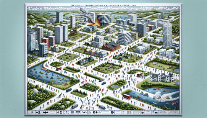 Emergency Evacuation Checklist: Illustration of evacuation plan with escape routes and meeting points in urban and rural settings, roles assigned.