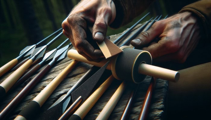 Hand sanding spear shaft with various sandpaper grits for smooth finish, enhancing grip and aerodynamics.