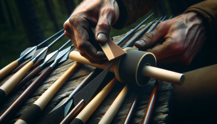 Hand sanding spear shaft with various sandpaper grits for smooth finish, enhancing grip and aerodynamics.