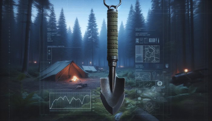Survival Shovel Picks: A rugged survival shovel pick in a dense forest, used for digging, chopping, and self-defense, with a campsite under a twilight sky.