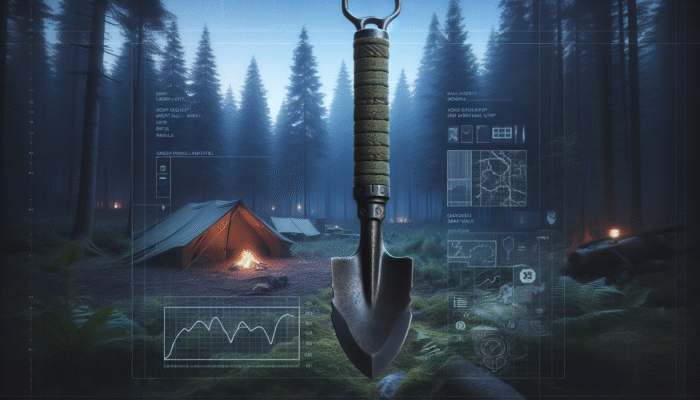 Survival Shovel Picks: A rugged survival shovel pick in a dense forest, used for digging, chopping, and self-defense, with a campsite under a twilight sky.