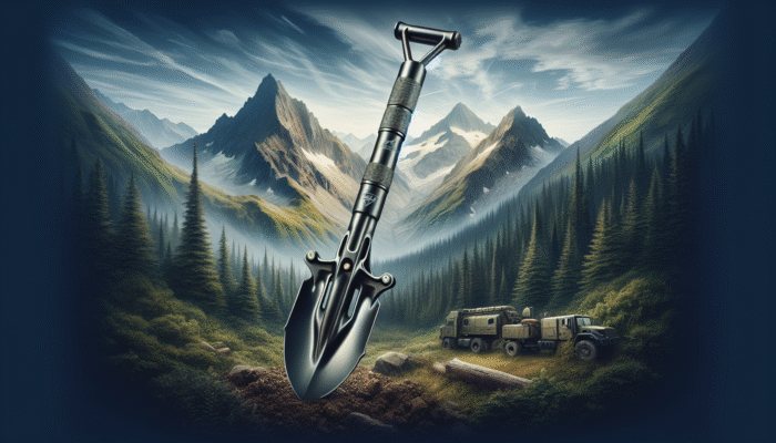Rugged survival shovel pick with steel blade and ergonomic handle in wilderness setting.