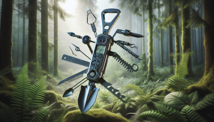 Modern survival shovel pick with compass, fire starter, and multi-tools in a dense forest.