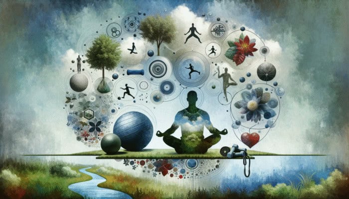 A person meditating in nature, surrounded by exercise symbols and a supportive network, representing stress management.