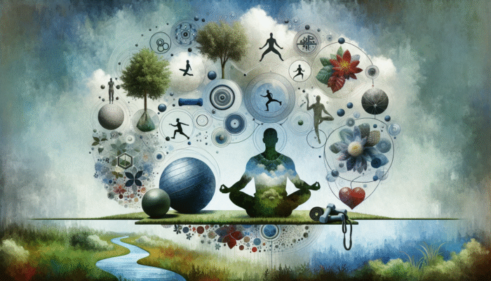A person meditating in nature, surrounded by exercise symbols and a supportive network, representing stress management.