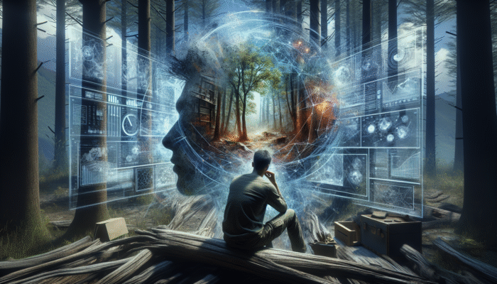 A person visualizing survival scenario, constructing shelter in forest, enhancing skills.