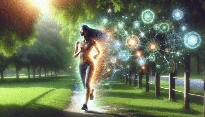 A person jogging in a vibrant park with glowing endorphins, symbolizing enhanced mental resilience.