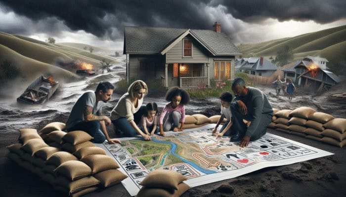 Family securing home with sandbags, reviewing emergency plan against backdrop of hills under stormy sky.