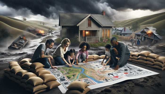 Family securing home with sandbags, reviewing emergency plan against backdrop of hills under stormy sky.