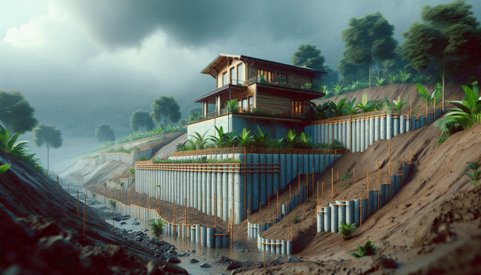 A fortified home with reinforced walls and barriers, surrounded by cleared land and deep-rooted plants, under a cloudy sky.