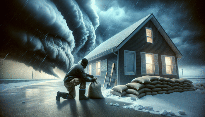 A person securing home with storm shutters and sandbags as dark clouds signal an imminent hailstorm.