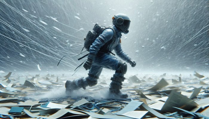 Person in sports helmet, sturdy boots, and protective clothing navigating a hailstorm with debris.