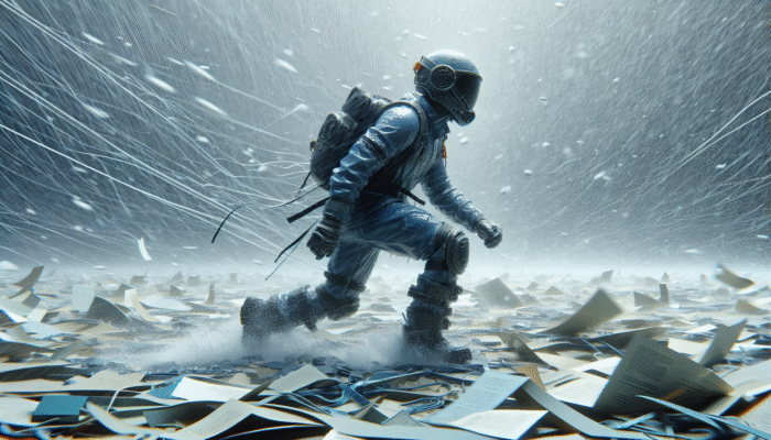 Person in sports helmet, sturdy boots, and protective clothing navigating a hailstorm with debris.
