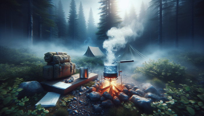Essential Survival Tools: A person boiling water over a campfire using a portable stove, steam rising, for wilderness purification.