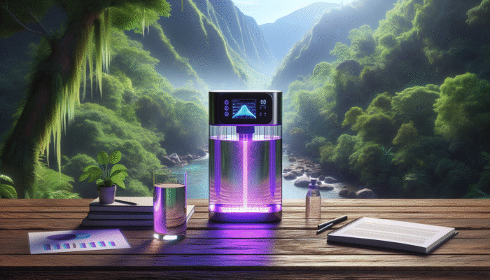 A portable UV water purifier glowing purple, purifying water in a clear container amidst lush wilderness.