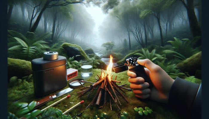 A hand ignites a campfire in a forest using a windproof lighter and waterproof matches, with a waterproof container nearby.
