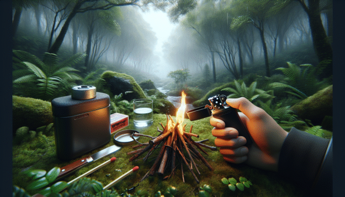 A hand ignites a campfire in a forest using a windproof lighter and waterproof matches, with a waterproof container nearby.