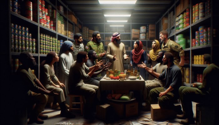 Prepper Conflict Resolution: A tense prepper community meeting in a dimly lit bunker, arguing over resource distribution amidst survival gear.
