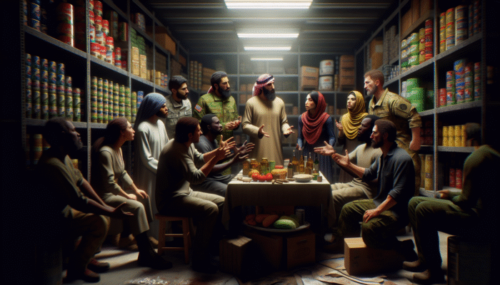 Prepper Conflict Resolution: A tense prepper community meeting in a dimly lit bunker, arguing over resource distribution amidst survival gear.