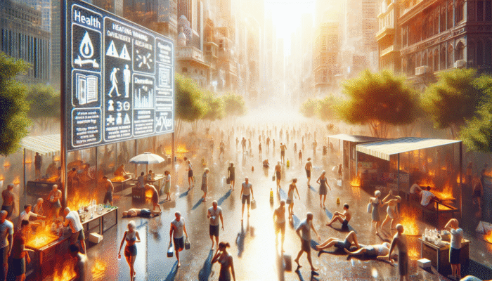 A bustling cityscape during a heatwave, with people seeking shade and health warnings visible.