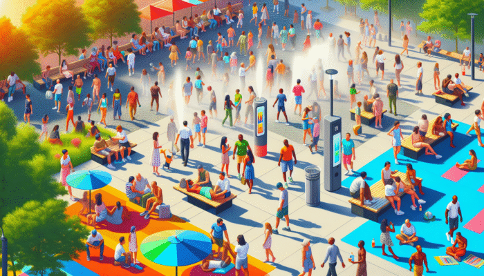 A vibrant urban park with people enjoying cooling mist stations and shaded areas during a hot summer day.