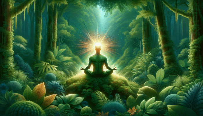 Survival Motivation Tips: A person meditating in a lush forest, symbolizing mental resilience and mindfulness with a glowing light from their head.