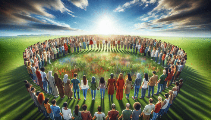 A diverse group forming a supportive circle on a green field under a blue sky.