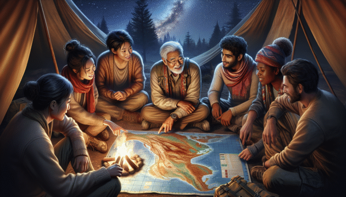 A diverse group around a campfire, learning survival strategies from a mentor with a map under a starry sky.