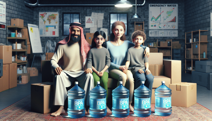 Urban Emergency Kit: Family of four in shelter with 12 gallons of BPA-free water for drinking, cooking, and hygiene during emergency.