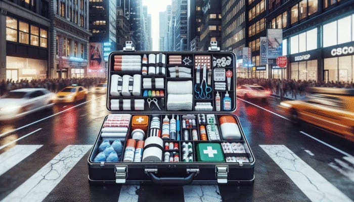 Urban emergency first aid kit with bandages, gauze, antiseptics, painkillers, and medications in a portable case.