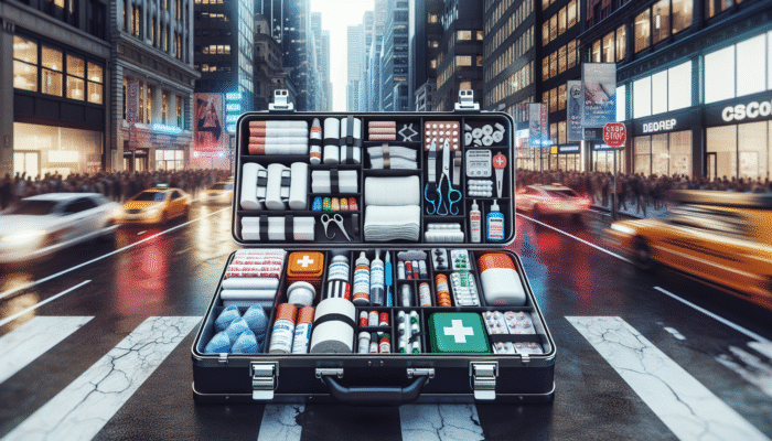 Urban emergency first aid kit with bandages, gauze, antiseptics, painkillers, and medications in a portable case.