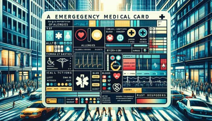 Emergency medical card with allergies, conditions, blood types, surgeries, and contacts for first responders.