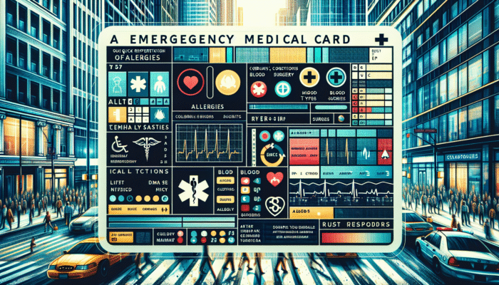Emergency medical card with allergies, conditions, blood types, surgeries, and contacts for first responders.