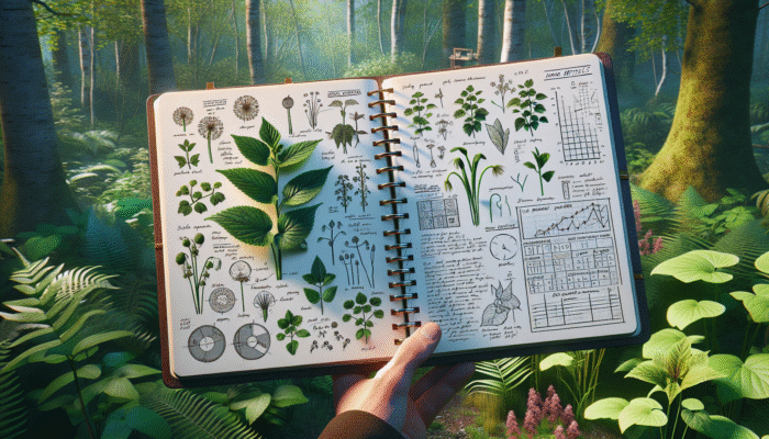 A forager's journal page with sketches and notes on young spring nettles, beside a lush forest with diverse flora.