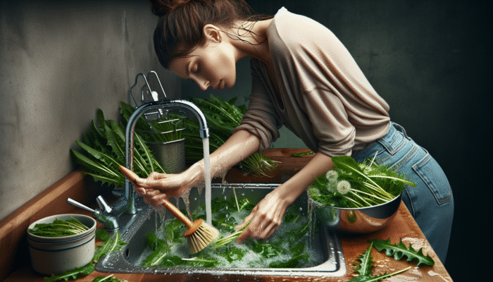 Person rinsing dandelion greens under water, using brush, with bowl of soaking greens nearby.