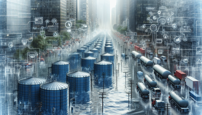 Emergency Water Reserves: Large water storage tanks amidst a flooded cityscape, ensuring community survival and health.