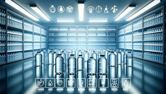 Food-grade plastic and glass water containers in a clean, well-lit storage room with inspection and disinfection labels.