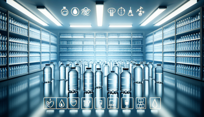 Food-grade plastic and glass water containers in a clean, well-lit storage room with inspection and disinfection labels.