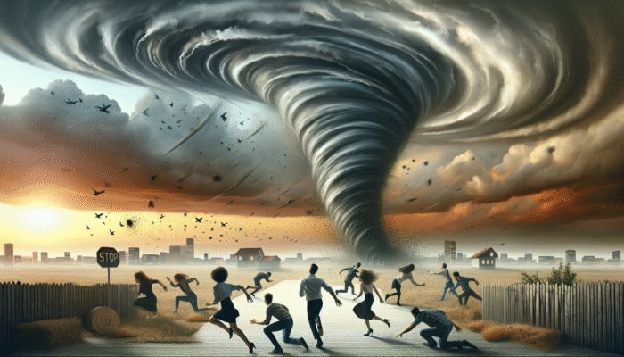 Tornado Community Prep: A dramatic sky with a rotating, horizontal cloud base, dark swirling clouds, and people rushing to shelter.