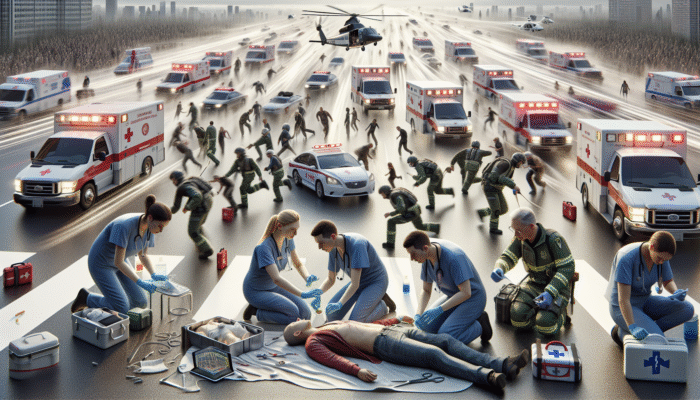 First Aid in Emergencies: First aid in emergencies transcends mere skill; it serves as a critical lifeline that can dramatically influenceFirst Aid in Emergencies: Diverse group applying first aid in emergencies, professional help arriving.