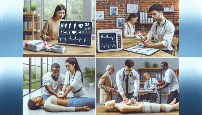 First aid training scene with CPR, AED use, and bandaging in home, office, and outdoor settings.