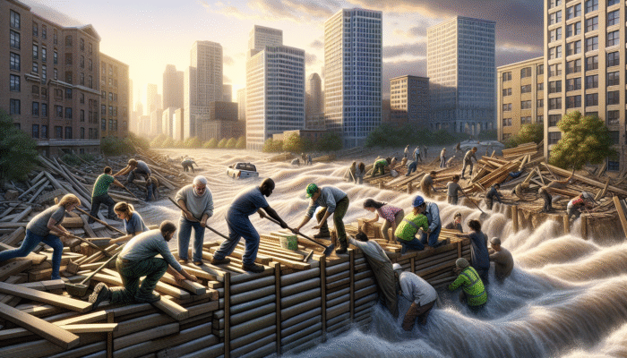 A fortified urban community collaborating on defense strategies against floods and earthquakes, emphasizing emotional support and resilience.
