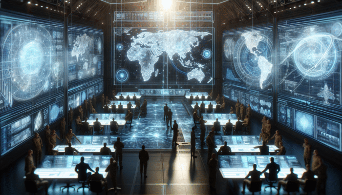 A strategic military command center with officers planning a robust defense using advanced technology.