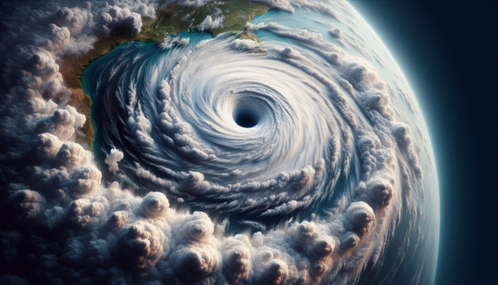 Satellite image of a hurricane's low-pressure eye causing sea level rise and storm surge, flooding New Orleans during Hurricane Katrina.