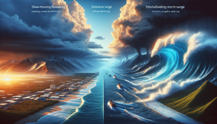 A slow-moving hurricane causing prolonged coastal flooding versus a fast-moving hurricane with an intense, short-lived storm surge.
